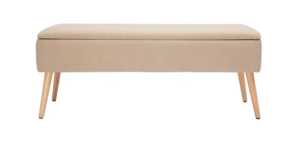 Banc Coffre En Tissu Beige Et Bois Clair Massif L120 Cm LARS 1