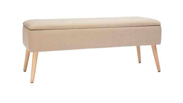 Banc Coffre En Tissu Beige Et Bois Clair Massif L120 Cm LARS 3
