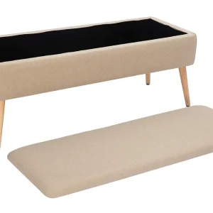 Banc Coffre En Tissu Beige Et Bois Clair Massif L120 Cm LARS 14