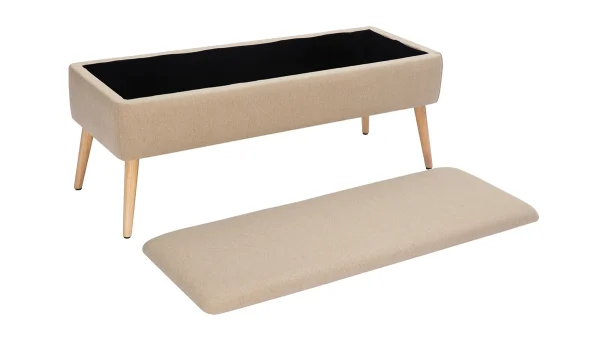 Banc Coffre En Tissu Beige Et Bois Clair Massif L120 Cm LARS 4