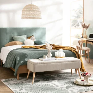 Banc Coffre En Tissu Beige Et Bois Clair Massif L120 Cm LARS 20