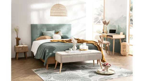 Banc Coffre En Tissu Beige Et Bois Clair Massif L120 Cm LARS 7