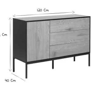 Buffet Bas Industriel Bois Et Métal Noir 1 Porte 3 Tiroirs L120 Cm TRESCA 19