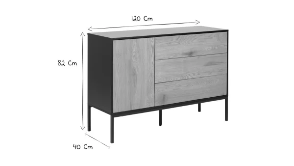 Buffet Bas Industriel Bois Et Métal Noir 1 Porte 3 Tiroirs L120 Cm TRESCA 7