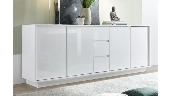 Buffet Design Blanc Laqué Brillant 4 Portes 3 Tiroirs L210 Cm COMO prix pas cher 1