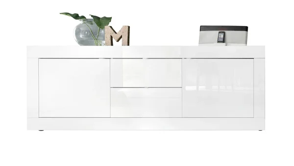 Buffet Design Blanc Laqué Brillant Avec Tiroirs L210 Cm LATTE 1
