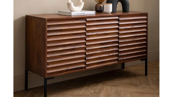 Buffet En Bois Foncé Manguier Massif Et Métal Noir 3 Portes L140 Cm ONDA 8