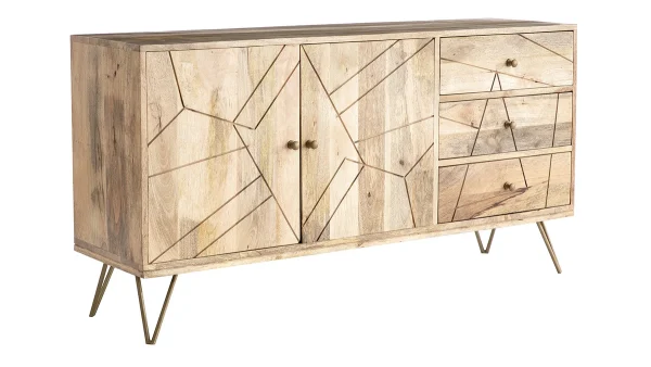 boutiqued en ligne Buffet Gravé En Manguier Massif Et Métal Doré 2 Portes 3 Tiroirs L145 Cm LINIUM 3