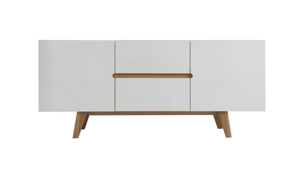 Buffet Scandinave Blanc Brillant Et Bois Clair 2 Portes 2 Tiroirs L160cm MELKA 1