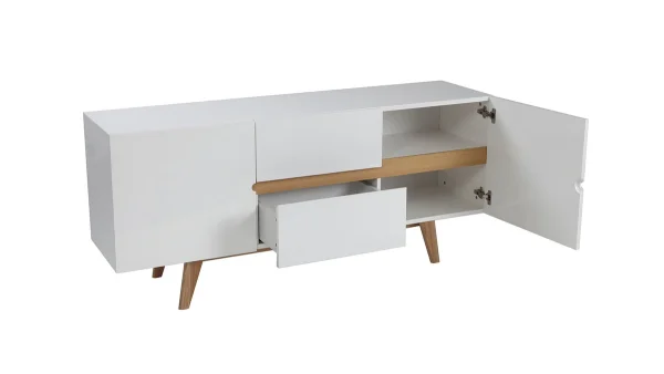Buffet Scandinave Blanc Brillant Et Bois Clair 2 Portes 2 Tiroirs L160cm MELKA 3