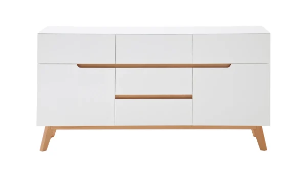 Buffet Scandinave Blanc Mat Et Bois Clair 2 Portes 5 Tiroirs L145 Cm SKIVE 1