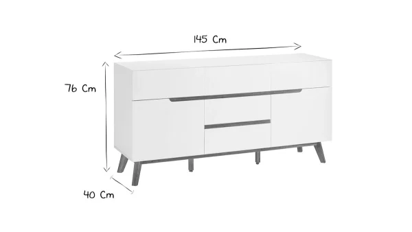 Buffet Scandinave Blanc Mat Et Bois Clair 2 Portes 5 Tiroirs L145 Cm SKIVE 6