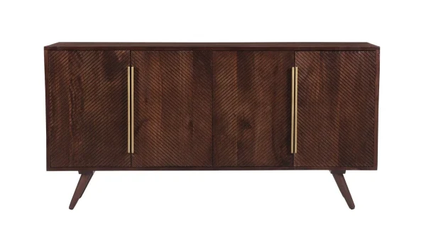 Buffet Vintage En Bois Foncé Manguier Massif Et Métal Doré 4 Portes Gravées L138 Cm REKHA 1