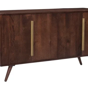 Buffet Vintage En Bois Foncé Manguier Massif Et Métal Doré 4 Portes Gravées L138 Cm REKHA 11
