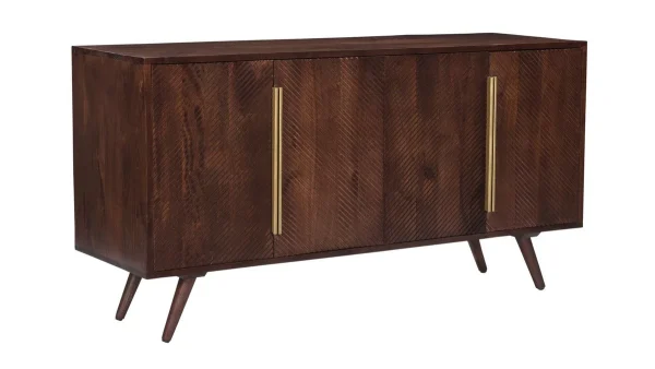 Buffet Vintage En Bois Foncé Manguier Massif Et Métal Doré 4 Portes Gravées L138 Cm REKHA 3