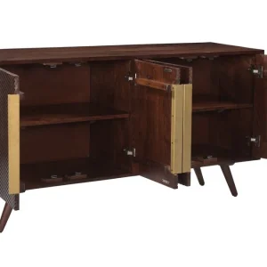 Buffet Vintage En Bois Foncé Manguier Massif Et Métal Doré 4 Portes Gravées L138 Cm REKHA 13