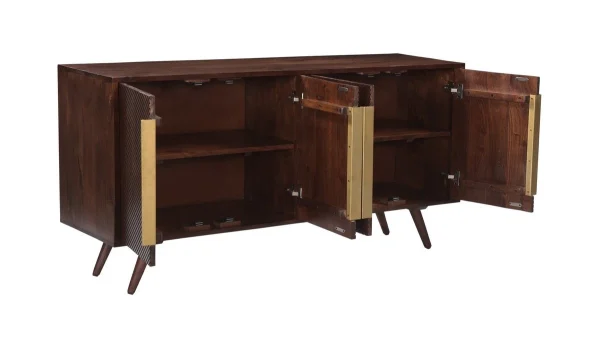 Buffet Vintage En Bois Foncé Manguier Massif Et Métal Doré 4 Portes Gravées L138 Cm REKHA 4