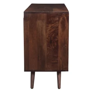 Buffet Vintage En Bois Foncé Manguier Massif Et Métal Doré 4 Portes Gravées L138 Cm REKHA 15