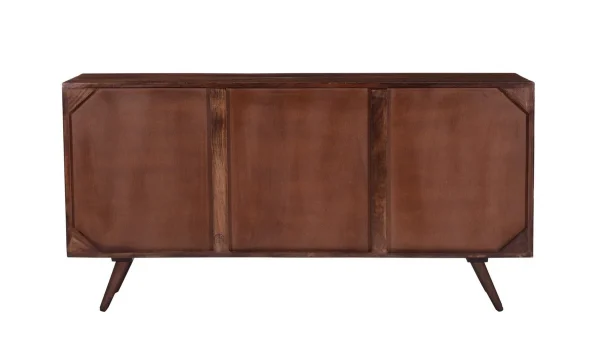 Buffet Vintage En Bois Foncé Manguier Massif Et Métal Doré 4 Portes Gravées L138 Cm REKHA 6