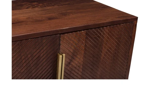 Buffet Vintage En Bois Foncé Manguier Massif Et Métal Doré 4 Portes Gravées L138 Cm REKHA 7