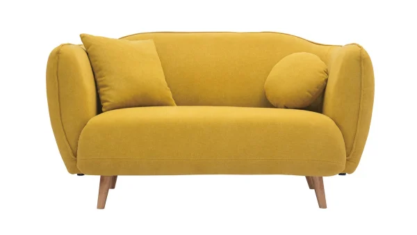 Canapé 2 Places En Tissu Effet Velours Jaune Moutarde Et Bois Clair FOLK 1
