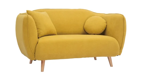 Canapé 2 Places En Tissu Effet Velours Jaune Moutarde Et Bois Clair FOLK 3