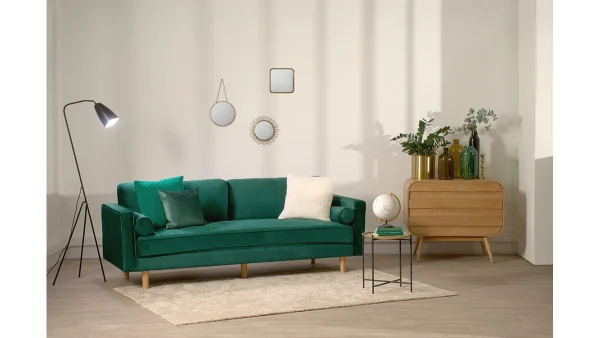 styles dernier cri Canapé 3-4 Places En Tissu Velours Vert émeraude Et Bois Clair IMPERIAL 7