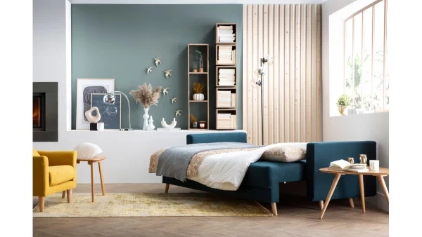 Canapé Convertible Avec Coffre 3 Places En Tissu Bleu Paon Et Bois Clair MIRA 8