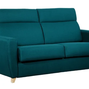 nouveau produit Canapé Convertible Avec Têtières Ajustables 3 Places En Tissu Bleu Paon Et Bois Clair Avec Matelas 13 Cm GOYA 11