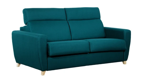 nouveau produit Canapé Convertible Avec Têtières Ajustables 3 Places En Tissu Bleu Paon Et Bois Clair Avec Matelas 13 Cm GOYA 3