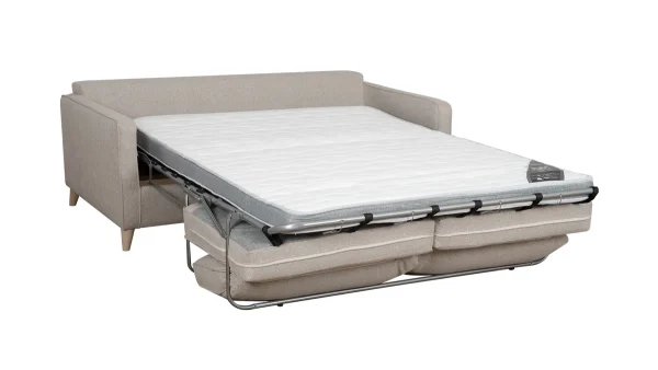 marque pas cher Canapé Convertible Scandinave 3 Places En Tissu Beige Et Bois Clair Avec Matelas 10 Cm PAPEL 4