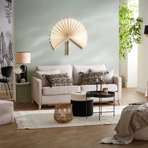 marque pas cher Canapé Convertible Scandinave 3 Places En Tissu Beige Et Bois Clair Avec Matelas 10 Cm PAPEL 24