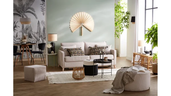 marque pas cher Canapé Convertible Scandinave 3 Places En Tissu Beige Et Bois Clair Avec Matelas 10 Cm PAPEL 8