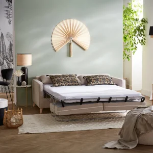 marque pas cher Canapé Convertible Scandinave 3 Places En Tissu Beige Et Bois Clair Avec Matelas 10 Cm PAPEL 26
