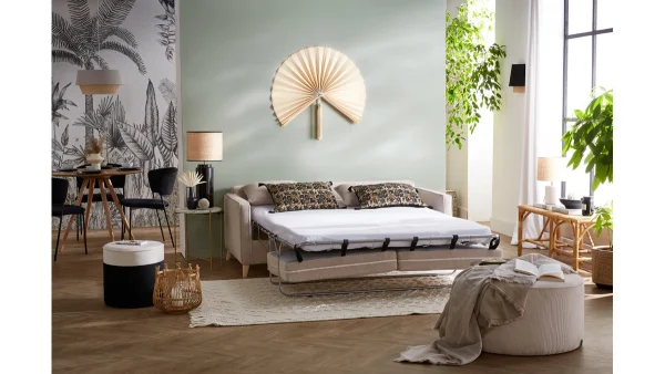 marque pas cher Canapé Convertible Scandinave 3 Places En Tissu Beige Et Bois Clair Avec Matelas 10 Cm PAPEL 9