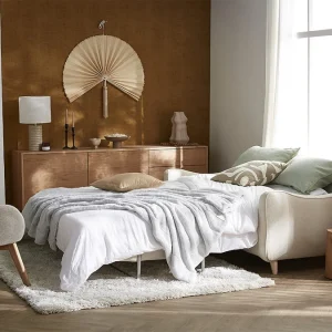 Canapé Convertible Scandinave 3 Places En Tissu Beige Et Bois Clair Avec Matelas 10 Cm VENDOME 23