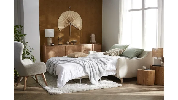 Canapé Convertible Scandinave 3 Places En Tissu Beige Et Bois Clair Avec Matelas 10 Cm VENDOME 8