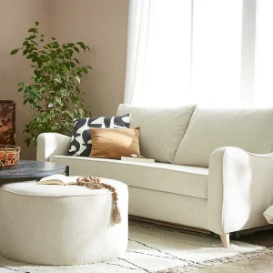 Canapé Convertible Scandinave 3 Places En Tissu Beige Et Bois Clair Avec Matelas 10 Cm VENDOME 21