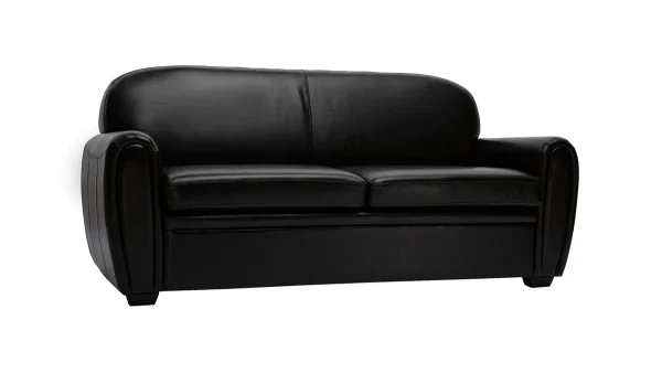 Canapé Convertible Vintage 3 Places Cuir Marron Foncé Et Bois Noir Avec Matelas 9 Cm CLUB 3