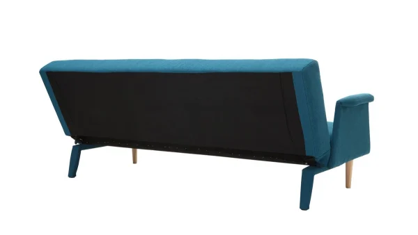 Canapé D’angle Convertible Réversible 4 Places En Tissu Bleu Canard Et Bois Clair OSCAR 4