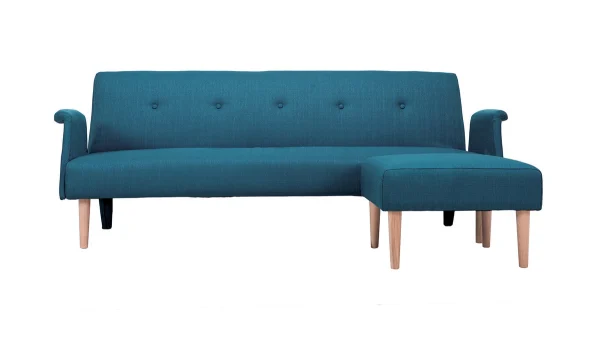 Canapé D’angle Convertible Réversible 4 Places En Tissu Bleu Canard Et Bois Clair OSCAR 1