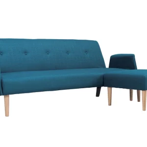 Canapé D’angle Convertible Réversible 4 Places En Tissu Bleu Canard Et Bois Clair OSCAR 11