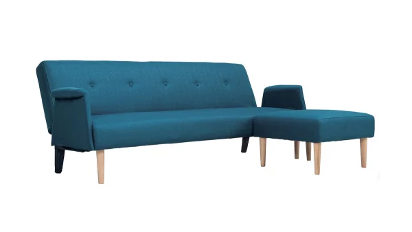 Canapé D’angle Convertible Réversible 4 Places En Tissu Bleu Canard Et Bois Clair OSCAR 3