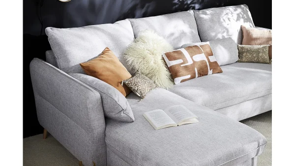Canapé D’angle Convertible Réversible Avec Coffre 3-4 Places En Tissu Gris Clair Et Bois Clair DRISS 9