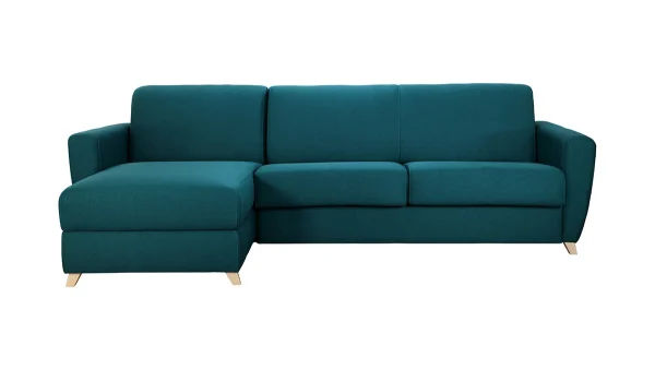 Canapé D’angle Convertible Réversible Avec Coffre 4 Places En Tissu Bleu Canard Et Bois Clair GRAHAM 1