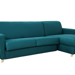 Canapé D’angle Convertible Réversible Avec Coffre 4 Places En Tissu Bleu Canard Et Bois Clair GRAHAM 13