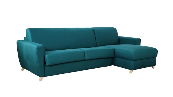 Canapé D’angle Convertible Réversible Avec Coffre 4 Places En Tissu Bleu Canard Et Bois Clair GRAHAM 3