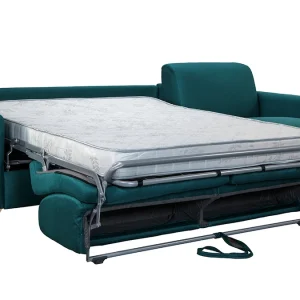 Canapé D’angle Convertible Réversible Avec Coffre 4 Places En Tissu Bleu Canard Et Bois Clair GRAHAM 15