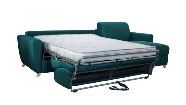 Canapé D’angle Convertible Réversible Avec Coffre 4 Places En Tissu Bleu Canard Et Bois Clair GRAHAM 4
