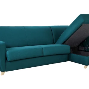 Canapé D’angle Convertible Réversible Avec Coffre 4 Places En Tissu Bleu Canard Et Bois Clair GRAHAM 17